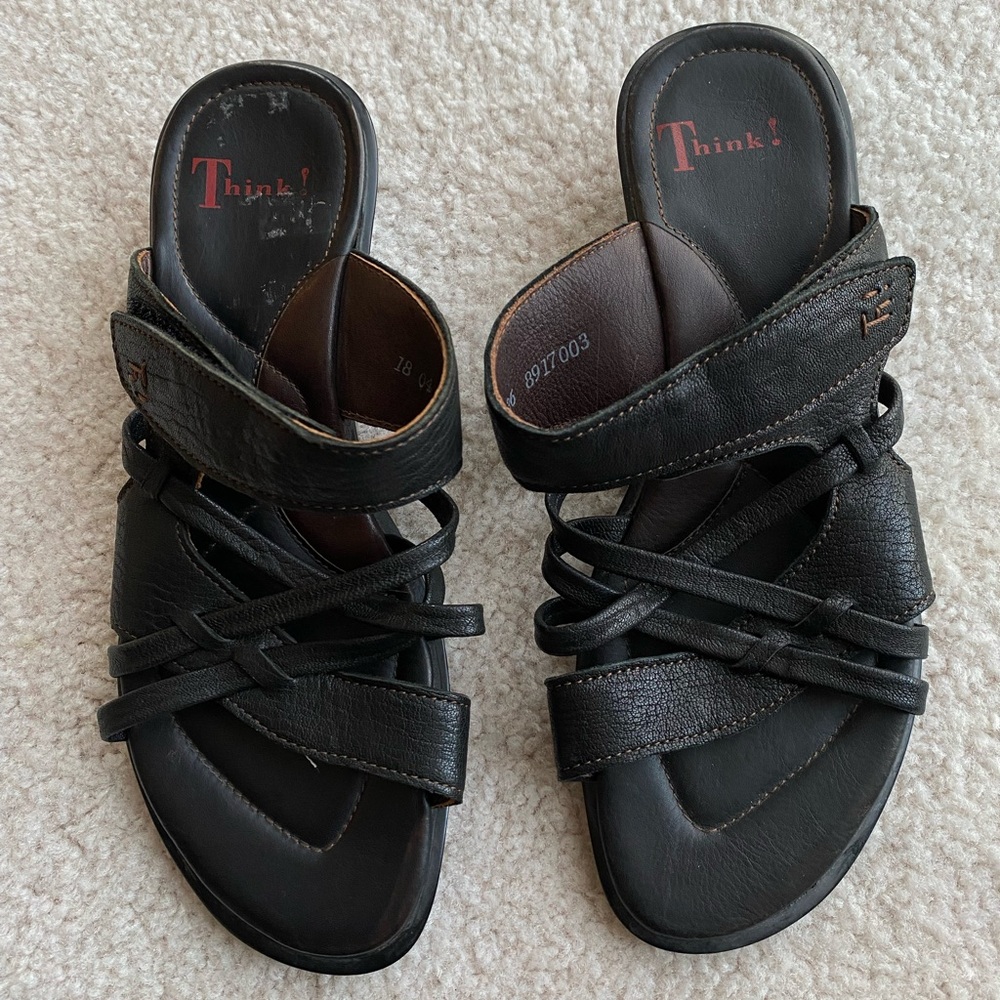 Think! Vintage Black Leather Kitten Heel Y2K Strappy Sandals Women’s Size 5.5